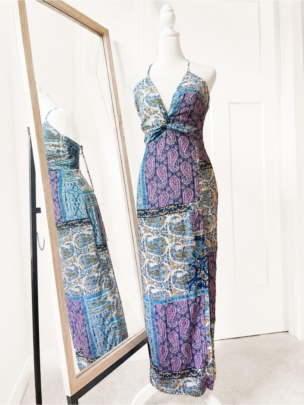 NWT Zara Blue & Purple Paisley Patchwork Linen Blend Midi Dress Small